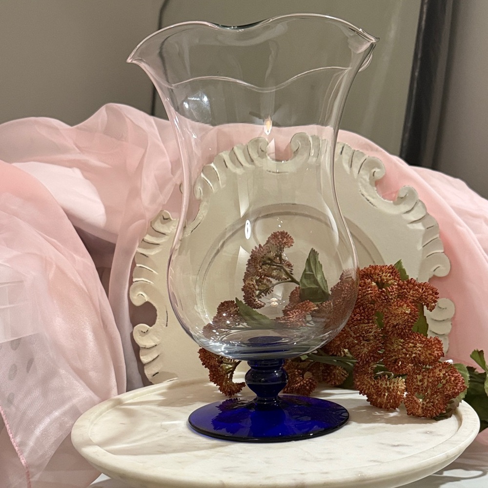 Princess House Clear Hurricane Vase with Cobalt Blue Base